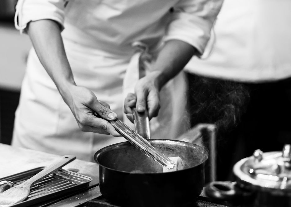 chef preparing food, chef cooking in a kitchen, chef at work, Black & White